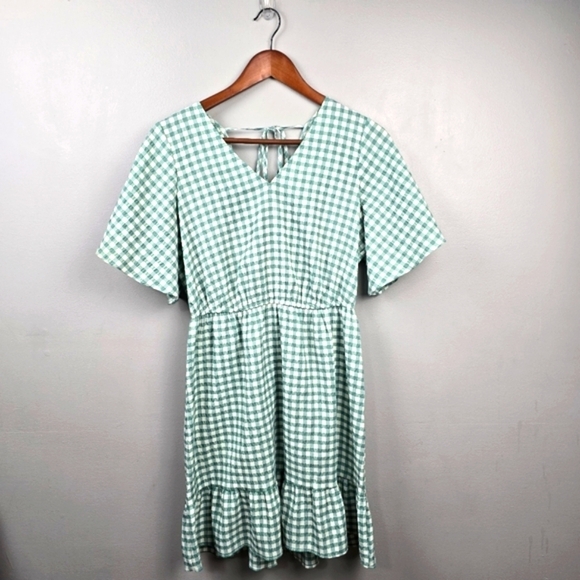 LOFT Feminine Casual Short Midi Tiered Dress Gingham White‎ Green Womens Size MP - Picture 1 of 14